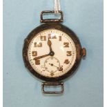 Moeris, a silver-cased trench-watch-style wrist watch with white enamel dial, Arabic numerals and