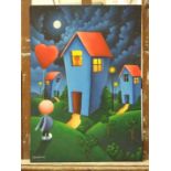 S Bateman A FIGURE AND HOUSES UNDER A NIGHT SKY Signed oil on art board, 59 x 42cm.