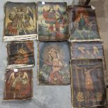 A collection of eleven Cusco Peruvian folk art oil paintings on canvas, subjects include Jesus on