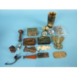 A group of collectors cabinet items, including pen-work snuff box, military buttons, Victorian