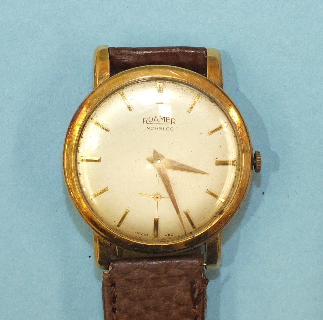 Roamer, a gentleman's 14k-gold-cased Incabloc wrist watch the silvered dial with baton numerals - Image 2 of 2