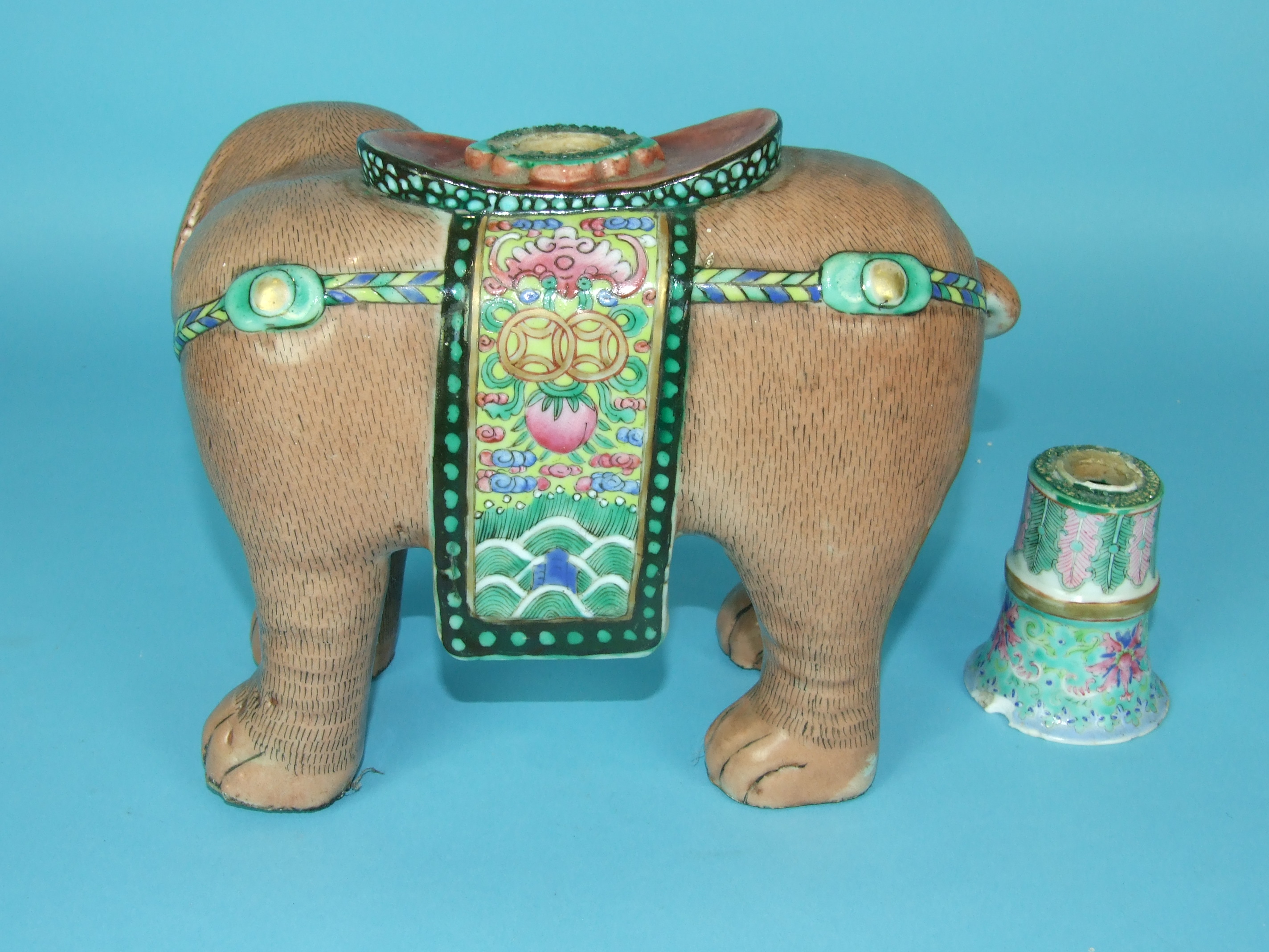 A 19th century Chinese famille rose figure of a standing elephant with a vase on his back, vase - Image 3 of 3