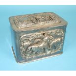 A plated two-division tobacco box with applied hunting scenes in relief, 17cm wide, 13cm high.