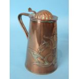 An Art Nouveau copper jug by J S Sankey & Son, relief decorated with stylised figures, the hinged