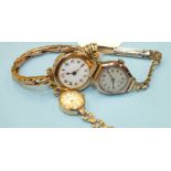 A ladies 9ct-gold-cased wrist watch (af), on gold expanding bracelet, another on plated bracelet and