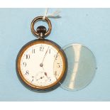 Omega, an early-20th century gun-metal-cased open-face keyless pocket watch, the white enamel dial