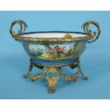A 19th century ormolu-mounted Paris porcelain bowl with a Watteau scene and a floral panel, on a