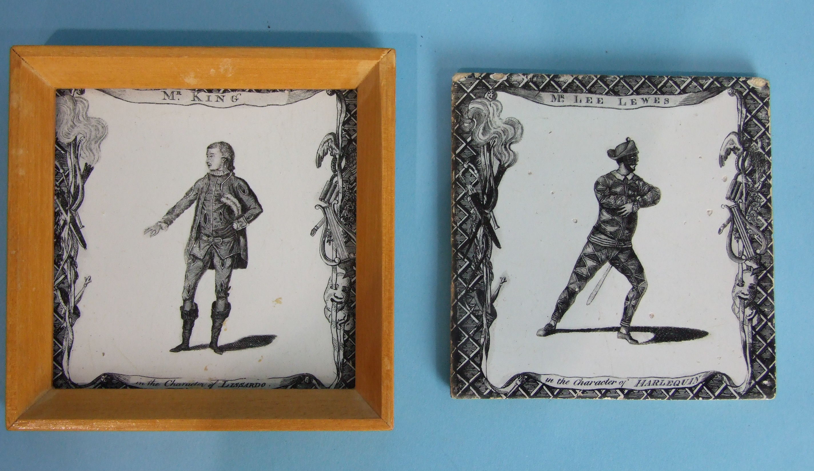 A pair of 18th century Liverpool Delft theatrical tiles, transfer-printed in black by Sadler &