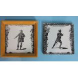 A pair of 18th century Liverpool Delft theatrical tiles, transfer-printed in black by Sadler &