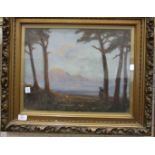 H J Johnson (?) FIGURE STANDING BESIDE PINE TREES IN A LANDSCAPE Indistinctly signed oil on