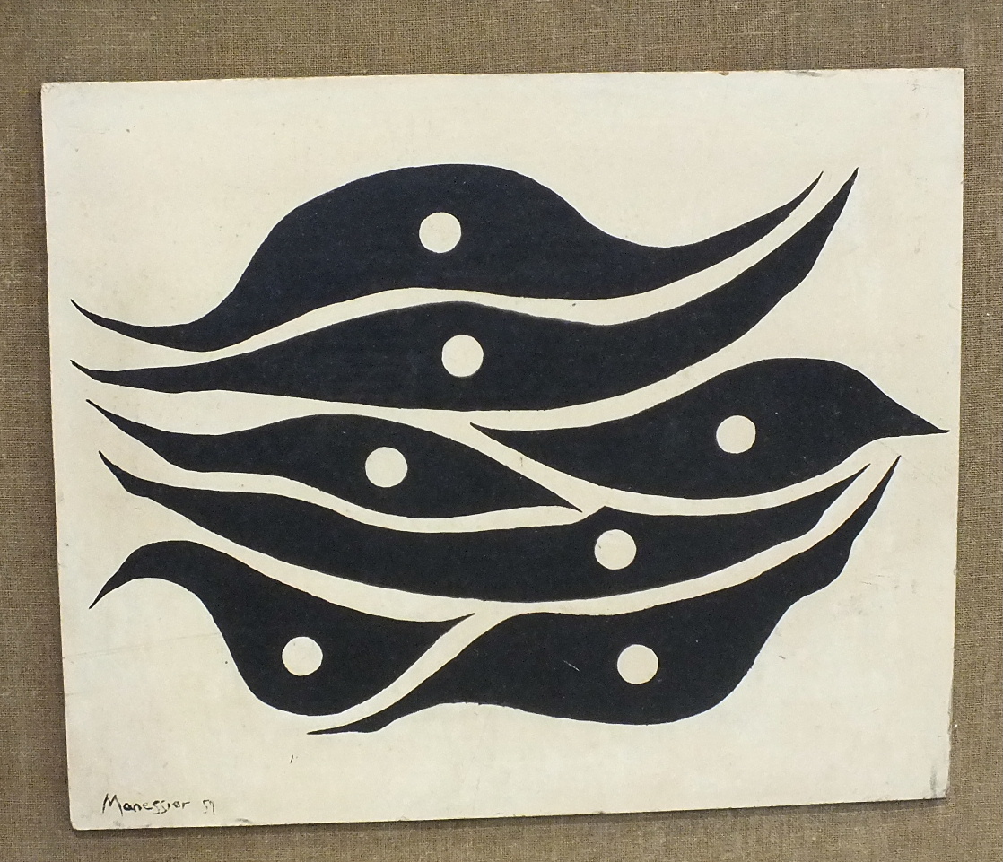 •**Alfred Manessier (20th century) BLACK AND WHITE ABSTRACT DESIGN, POSSIBLY BIRDS Oil on board,