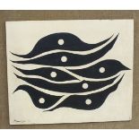 •**Alfred Manessier (20th century) BLACK AND WHITE ABSTRACT DESIGN, POSSIBLY BIRDS Oil on board,