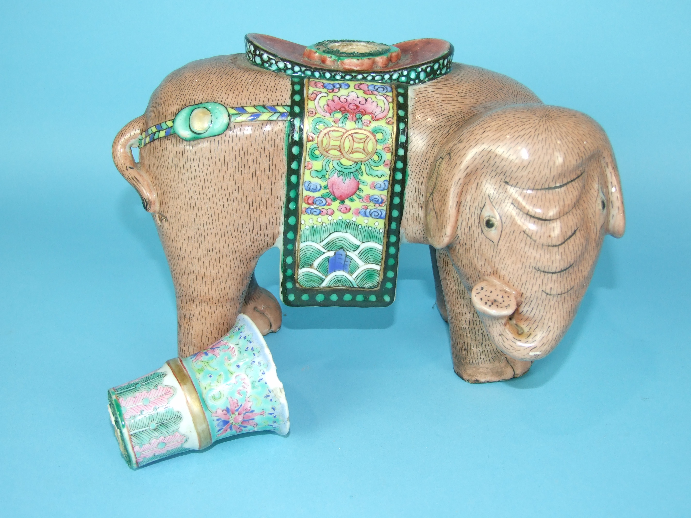 A 19th century Chinese famille rose figure of a standing elephant with a vase on his back, vase - Image 2 of 3