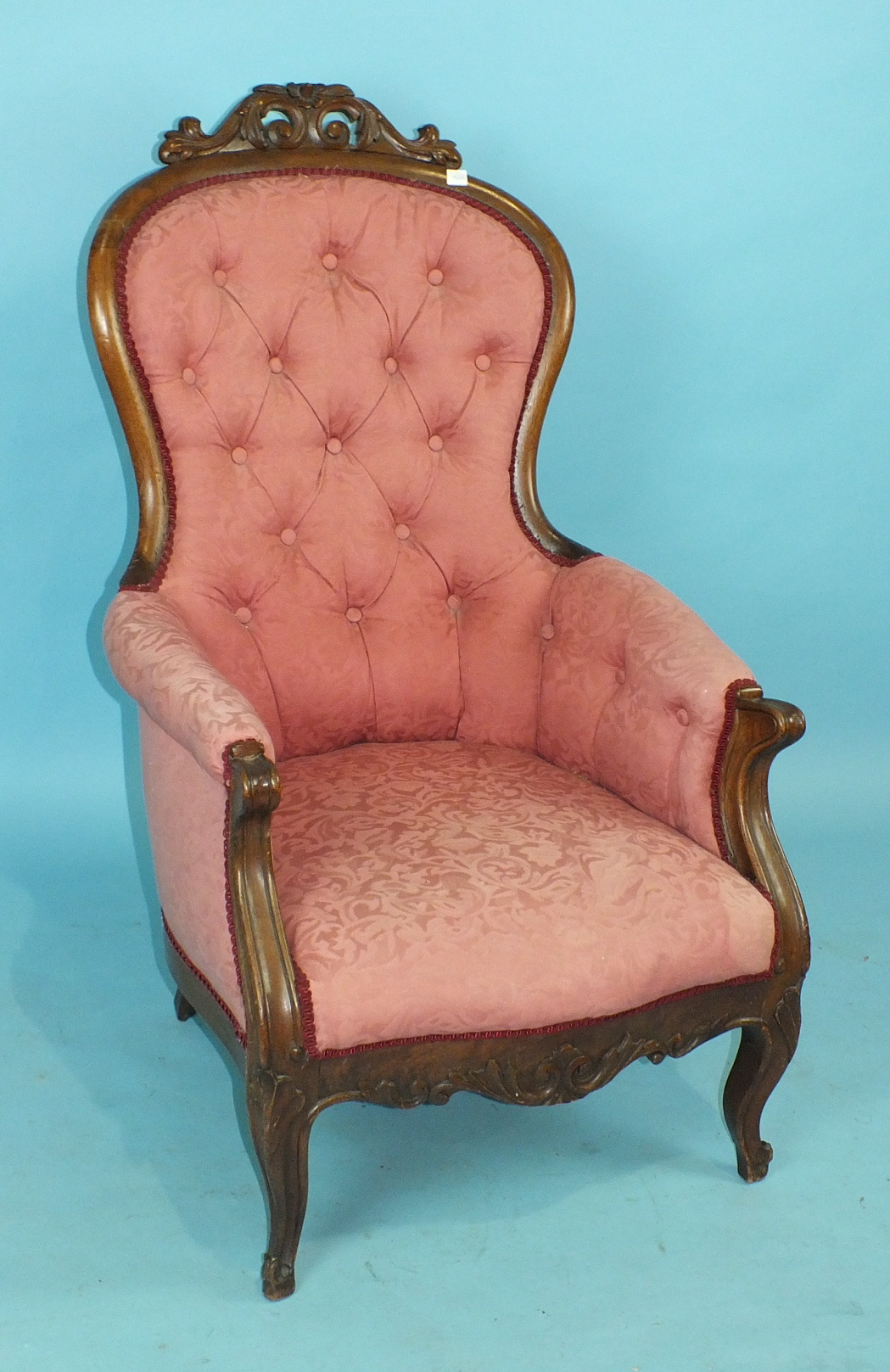 A 19th century walnut button-back salon chair with engraved silver presentation plaque 'Presented to