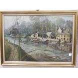 •**R Slater RIVER SCENE WITH BOATS, BOAT SHED AND OTHER BUILDINGS Signed oil on canvas, 60 x 91cm.