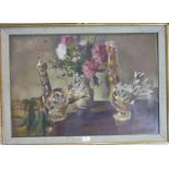 •**Montowe Loder STILL LIFE, FLOWERS IN A VASE AND POTTERY HENS Signed oil on canvas, inscribed on
