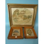 An early-19th century silk-work picture, 'Female harvesters, a village in the background', oval,