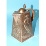 A Newlyn copper square tapered jug, relief decorated with a pair of cormorants, on either side and a