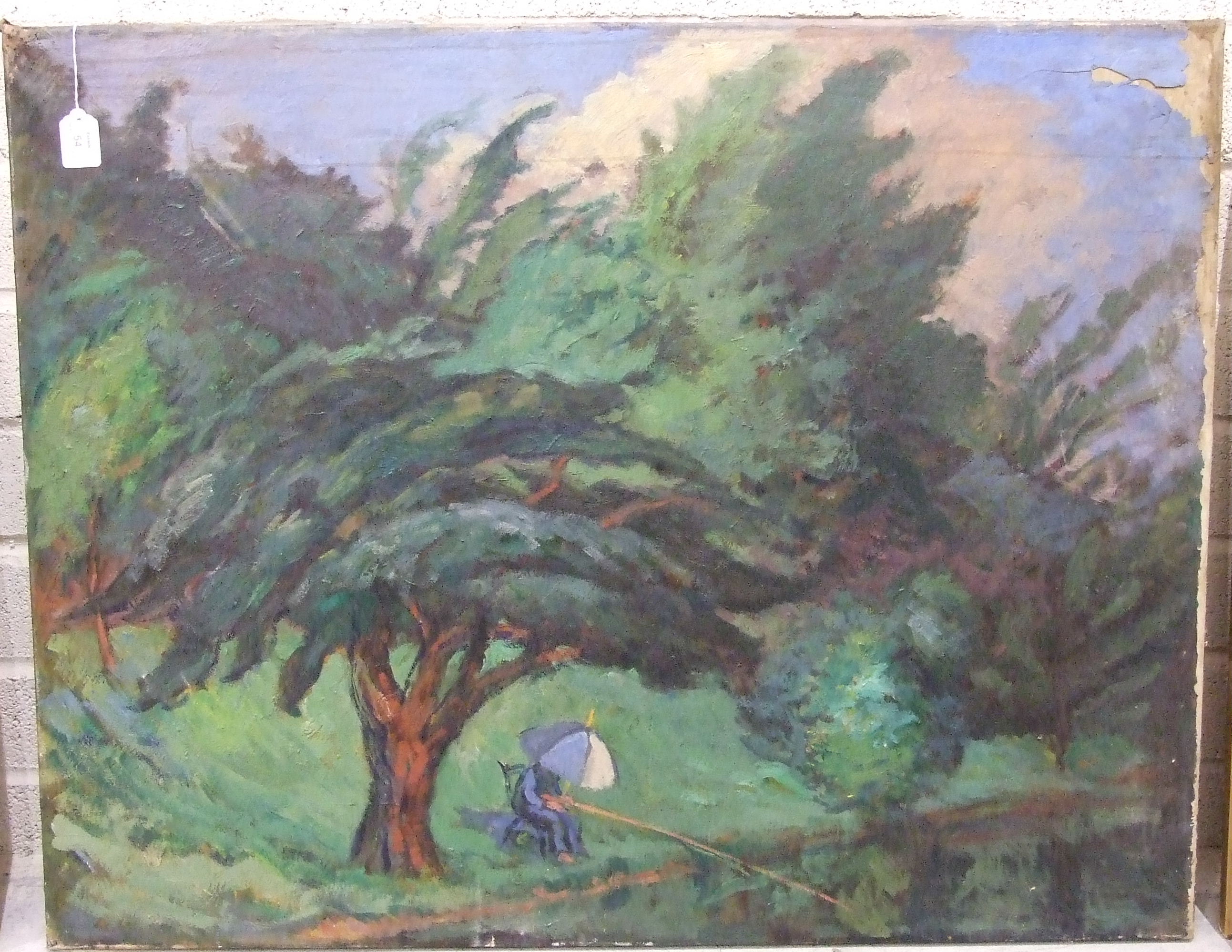 Style of A Guevara FISHERMAN UNDER TREE BY A STREAM Oil on canvas, 79 x 102cm, bears signature '