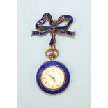 A ladies small keyless open face fob watch with blue enamelled chapter ring and back (af), suspended