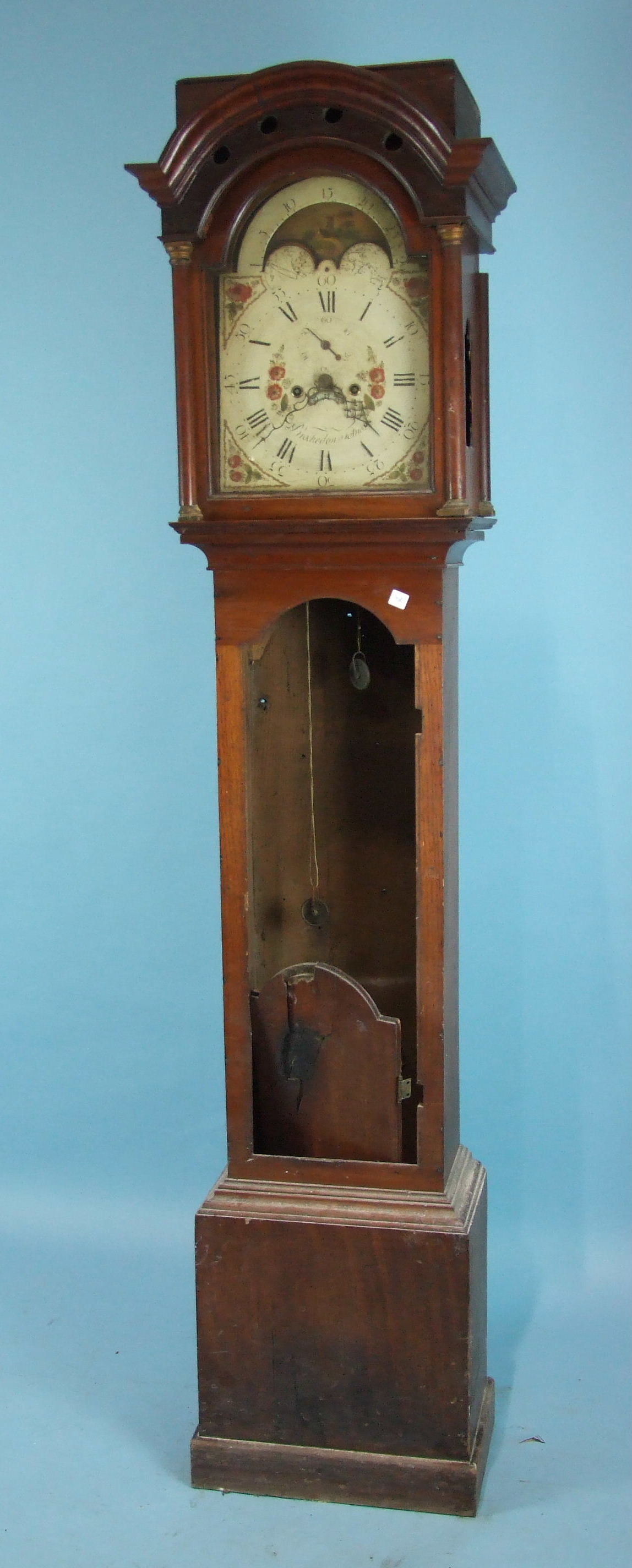 Brockedon, Totnes, an 18th/19th century mahogany long case clock, the painted arched dial with sun