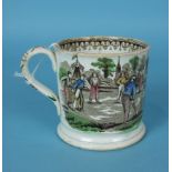A late-19th century Staffordshire mug, transfer-printed and coloured with a cricketing scene, the