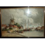 ......Van Staaten (1836-1909) DUTCH CANAL SCENE WITH WINDMILL Signed watercolour, 41 x 61cm.