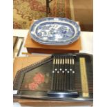 A pair of blue and white willow pattern meat plates, 39 x 31cm and an auto harp, (3).