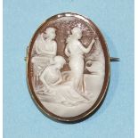 A modern 9ct gold mounted cameo brooch depicting three female figures, 30 x 22mm oval, 6.4g.