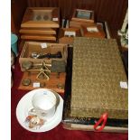 A set of postal scales and weights various framed relics including prehistoric shark teeth,