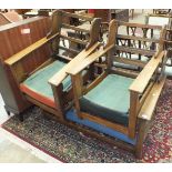 A 1950's style oak two-seater settee and two armchairs, frames only.