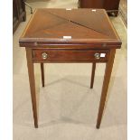 An Edwardian inlaid banded mahogany envelope card table fitted with single frieze drawer, on