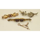 A 9ct rose gold bar brooch collet set amethyst, 2.7g and three other brooches.