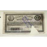 A Stamford, Spalding and Boston Banking Co. Ltd £5 note, no.M1506, 14th Dec 1906, cut cancelled,