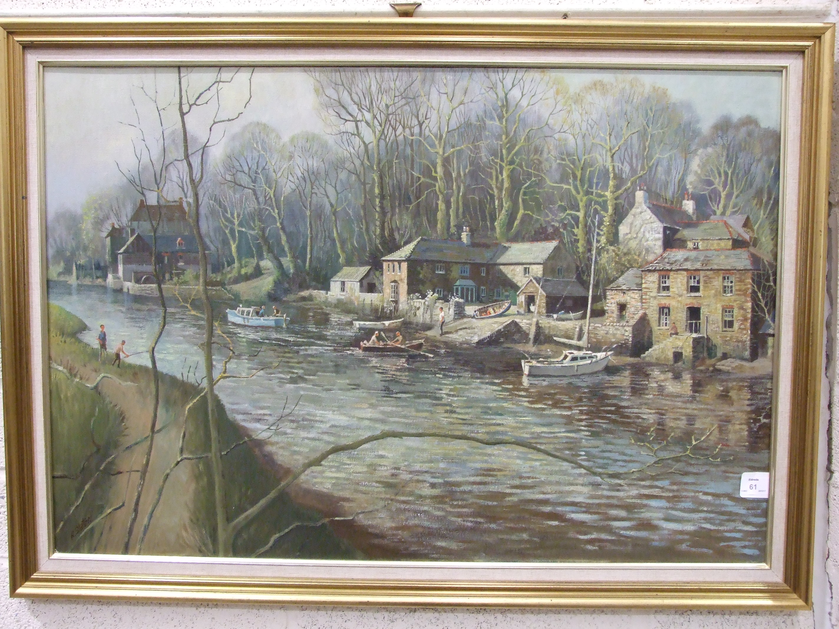 •R Slater, 'River scene with boats, boat shed and other buildings', signed oil on canvas, 60 x