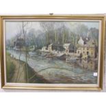 •R Slater, 'River scene with boats, boat shed and other buildings', signed oil on canvas, 60 x