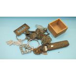 A plated metal chatelaine, a paste buckle and other items.