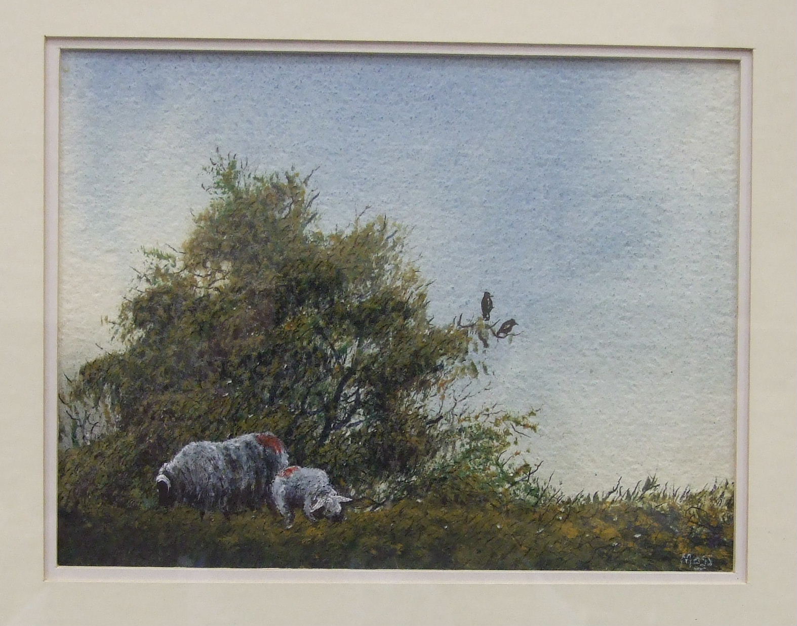 Michael Moss, 'Sheep, Lamb and wheat ears', a signed acrylic, 13.5 x 18cm, titled verso.