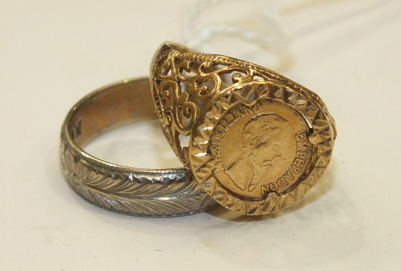 A 9ct gold ring set a small Mexican coin, size L and a 9ct gold wedding band, size O½, 5g.