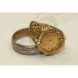 A 9ct gold ring set a small Mexican coin, size L and a 9ct gold wedding band, size O½, 5g.