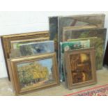 A collection of various unframed and framed oil paintings.