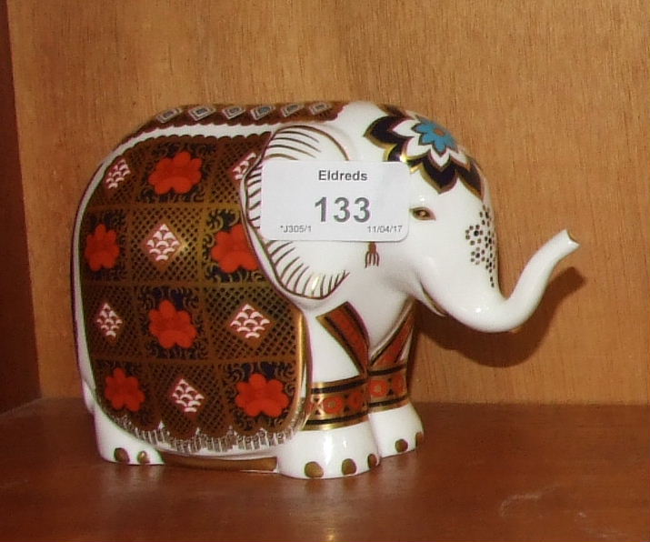 A Royal Crown Derby paperweight, "Imari Elephant", gold stopper 11cm high, boxed.