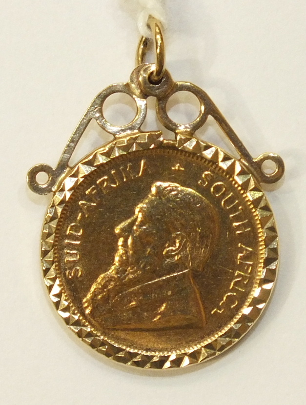 A 1980 1/10 oz gold Krugerrand in pendant mount, 4.1g.