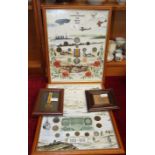 A framed collection of GB currency, stamp, war medal, To Commemorate the Great War, another of GB