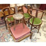 A carved oak spinning chair, stamped Ben Setter, Totnes, three stained wood armchairs with padded