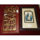 Two Chinese painted and gilt carved wood furniture panels with figures, 25 x 20cm and a Japanese