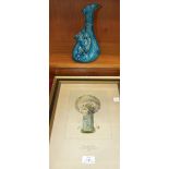 A Chinese bottle shape vase with applied figure, on turquoise ground, 22.5cm high, af, and a