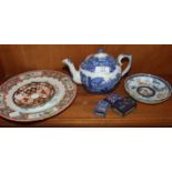 A Copeland Spode "Italian" blue and white teapot, 15cm high, (af), a cloisonné matchbox holder,