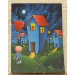 S Bateman, 'A figure and houses under a night sky', signed oil on art board, 59 x 42cm.