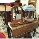 A mahogany Pembroke table with end drawer on square tapered legs, a damaged revolving piano stool, a